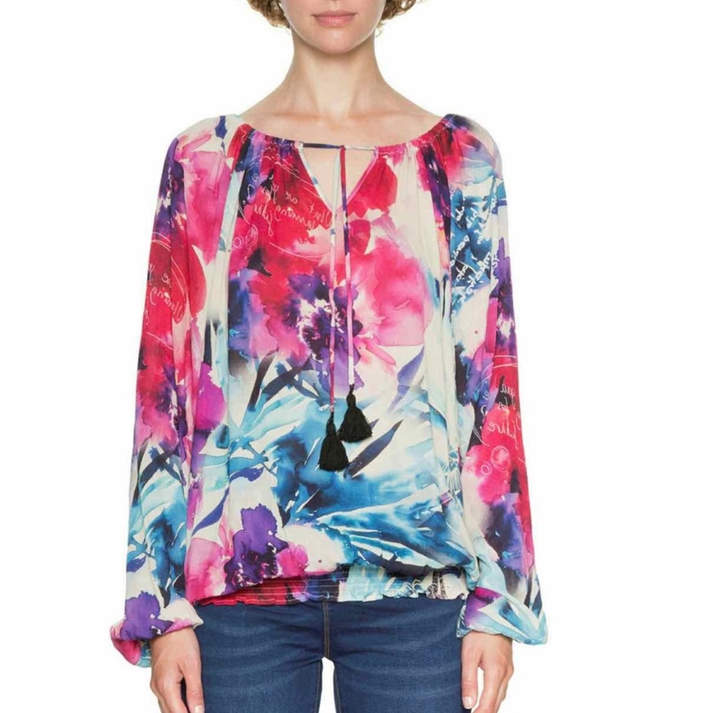Desigual Shirt Blouse Floral Long Sleeve Top Multicolor Artsy Watercolor M